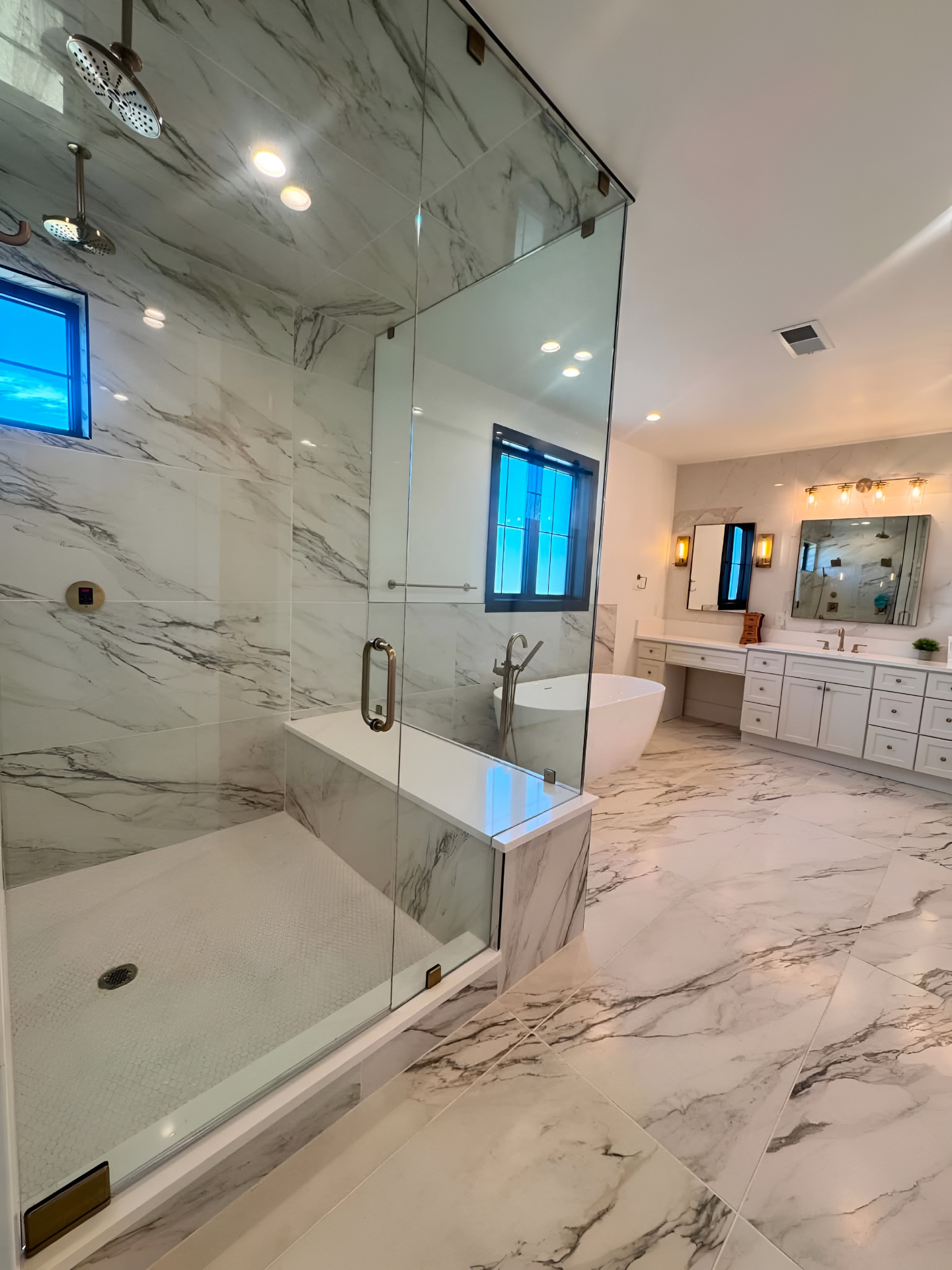 Sparkling marble master bathroom cleaned in Lakewood CO