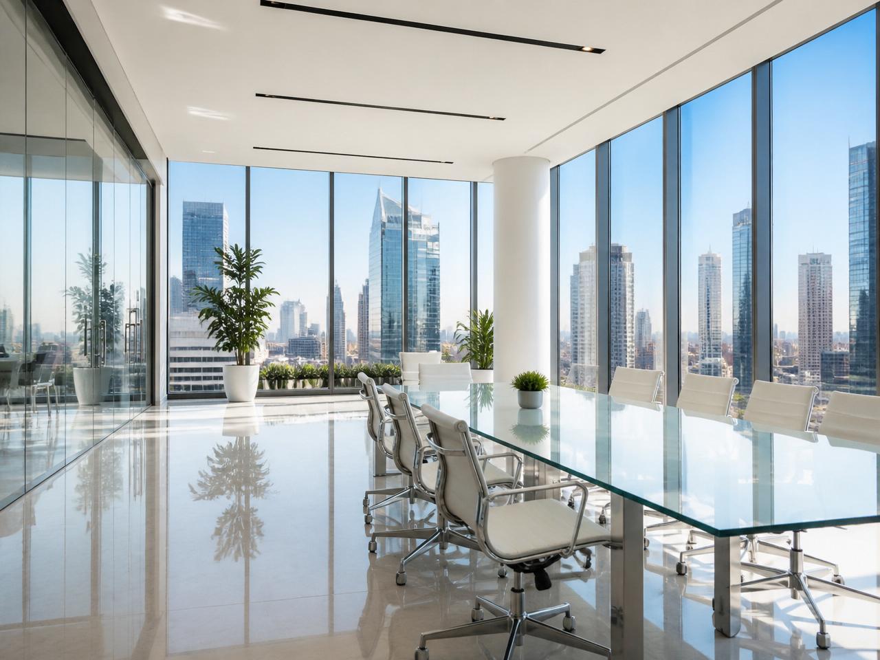 Modern immaculate office boardroom overlooking a Colorado city skyline